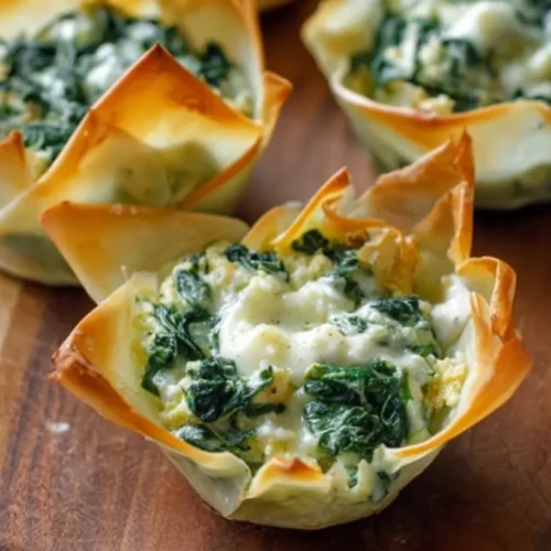 Crispy spinach and artichoke wonton cups appetizer