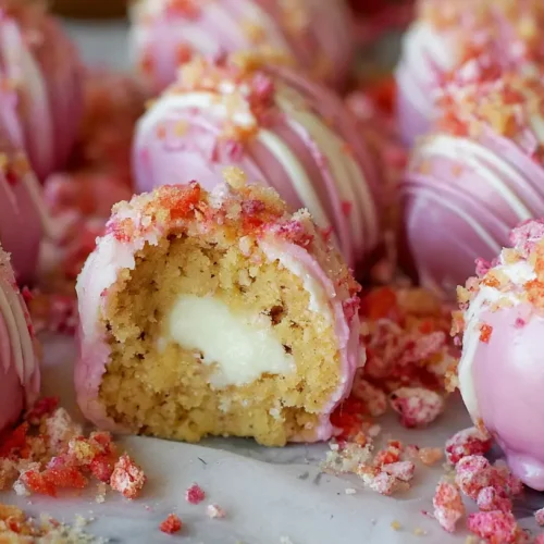 Strawberry cheesecake truffle balls dusted with powdered sugar