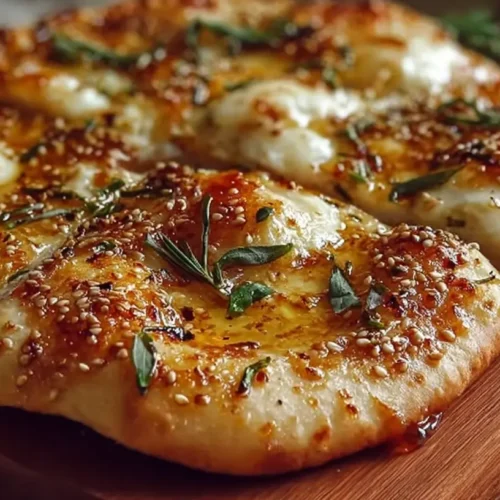 Sweet Heat Honey Garlic Flatbread Pizza with melted cheese and fresh herbs