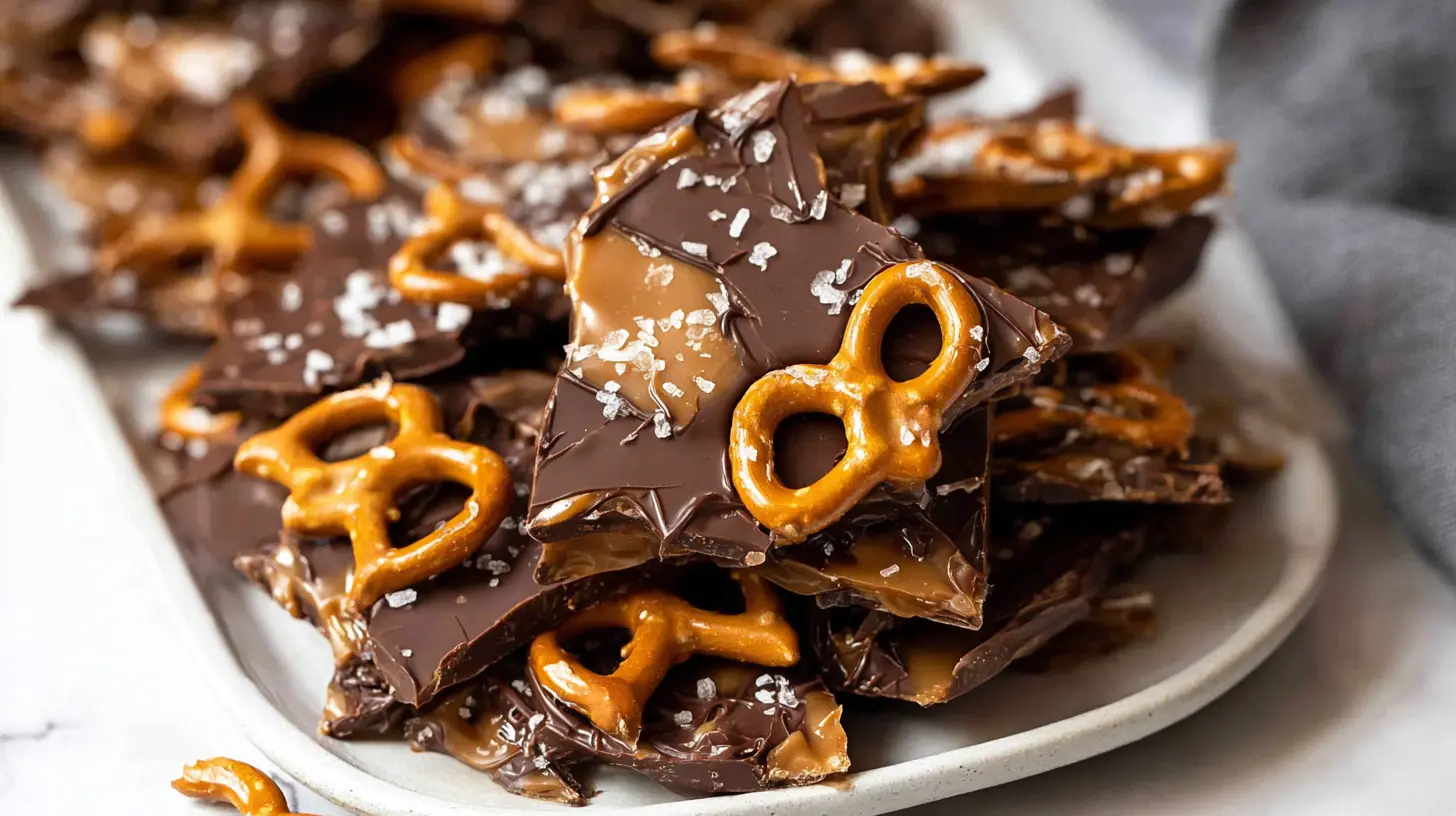 Sweet and savory salted caramel pretzel bark, ready to be enjoyed.