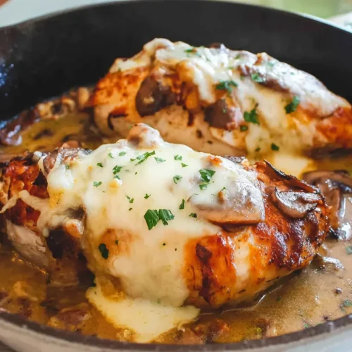 A plate featuring Texas Roadhouse Smothered Chicken topped with Jack Cheese.