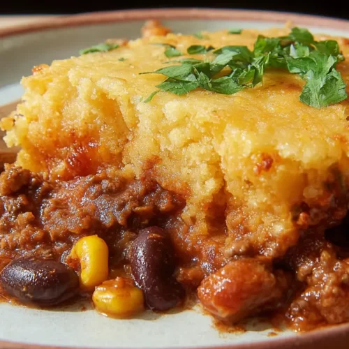 A savory Texas Tamale Pie cooked to perfection, showcasing its golden crust.