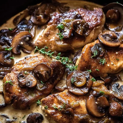 A plate of balsamic chicken with caramelized mushrooms and onions, ready for dinner