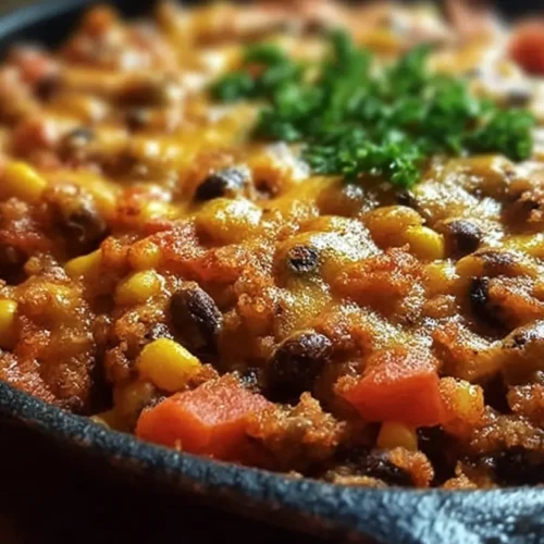 A close-up of a bubbling Black-Eyed Pea Casserole, fresh from the oven, with a golden-brown top.