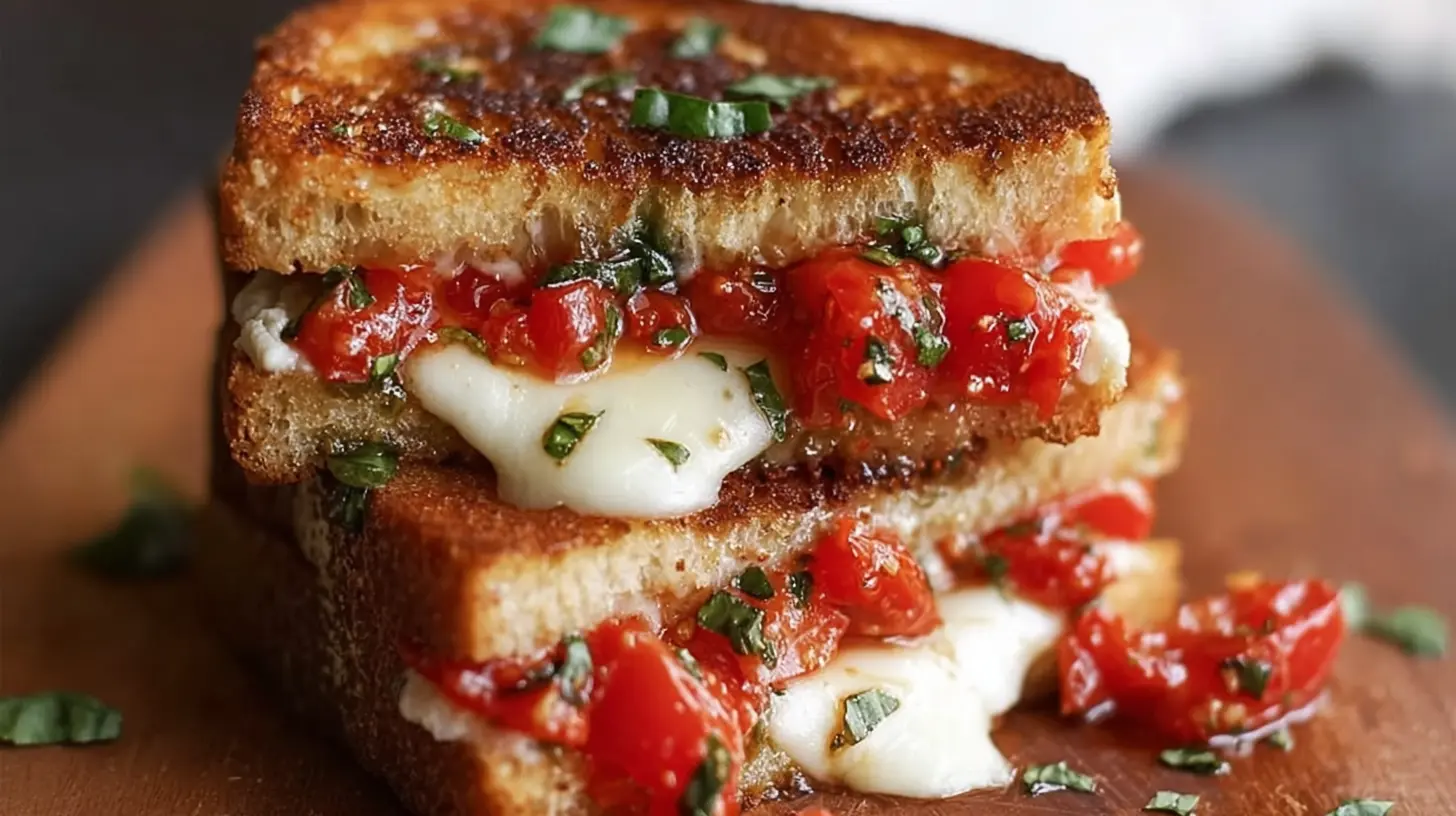 Close-up of a cheesy bruschetta sandwich on a cutting board