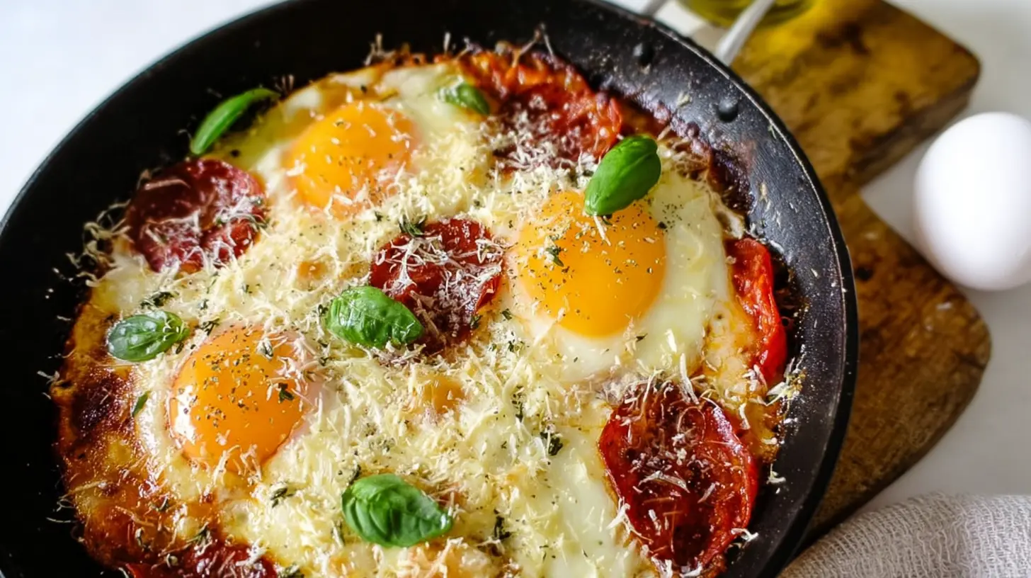 Delicious pizza eggs cooked in a skillet with bubbly cheese and pepperoni.