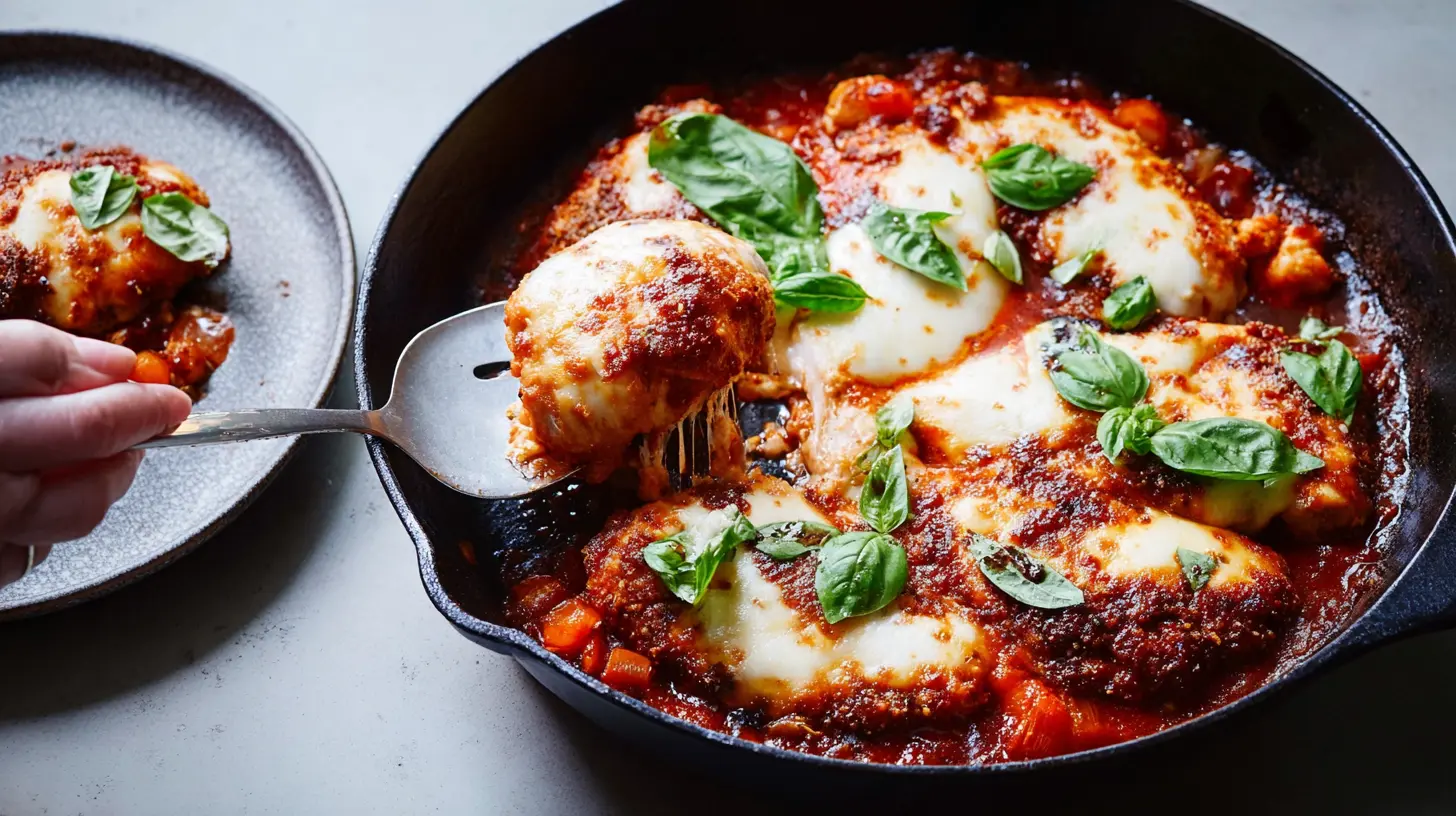Cheesy chicken and tomato sauce cooking in a single skillet, no frying needed