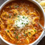 Close-up of comforting lasagna soup, showcasing fresh herbs and melted cheese.