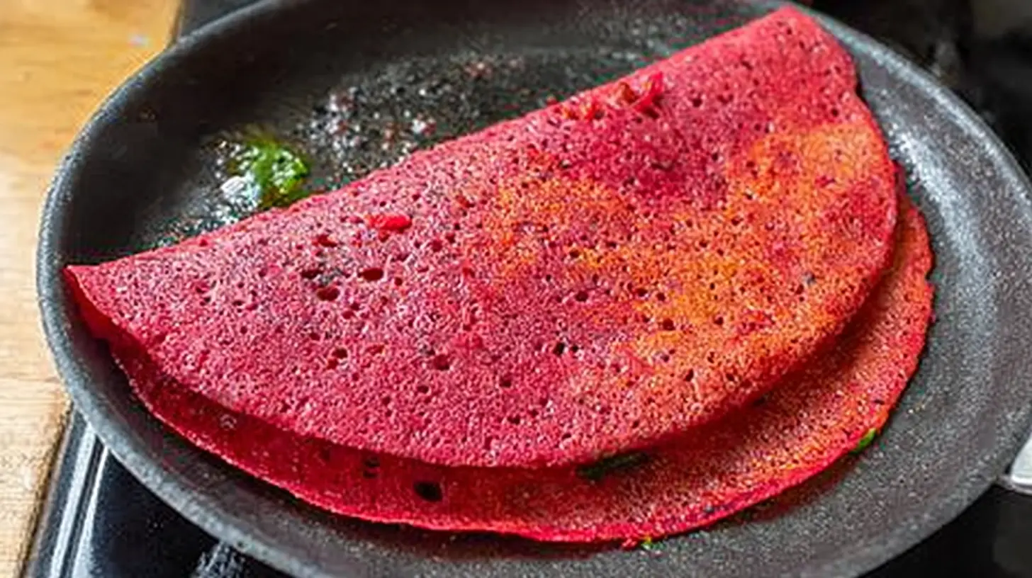 A visually appealing pink beetroot dosa, ready to be enjoyed, highlighting its crispiness.