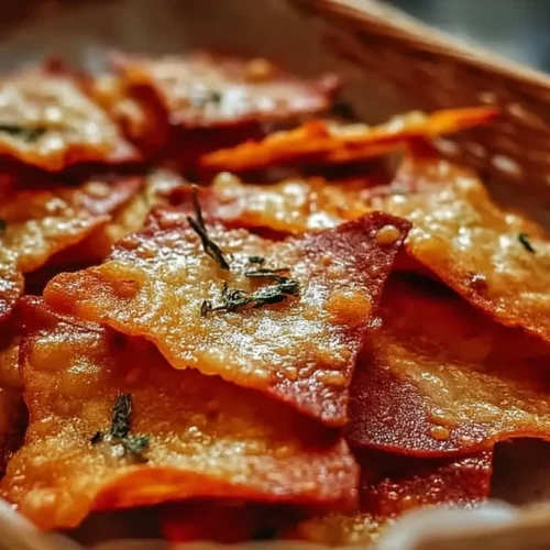 A bowl of crispy pizza chips next to a small dish of marinara sauce