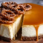Decadent white chocolate salted caramel cheesecake with a smooth glaze.