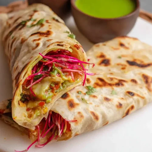 A freshly made easy egg and paratha wrap, ready to eat.