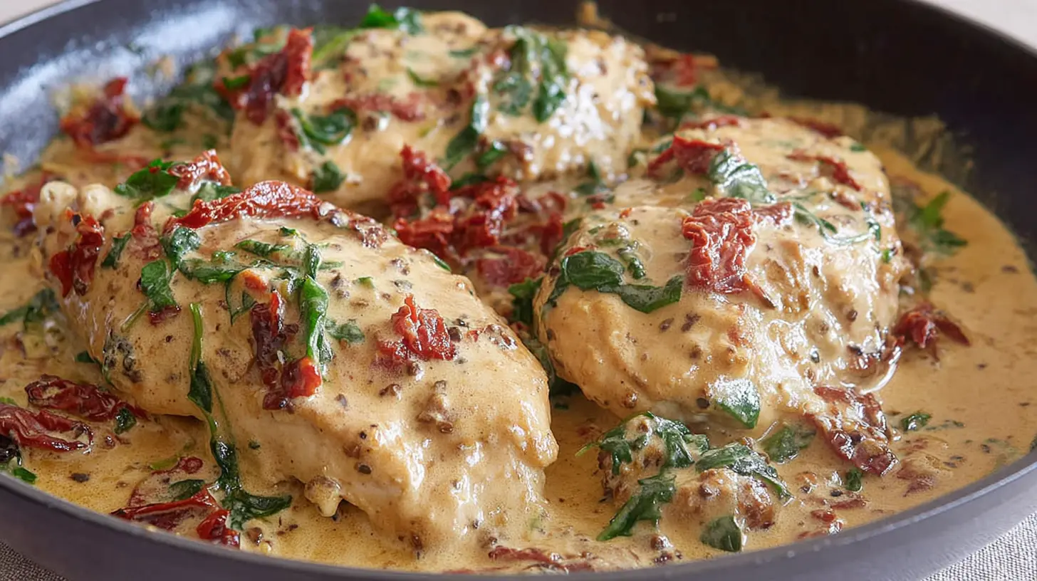 Close-up of a rich creamy Tuscan chicken with pasta and herbs.