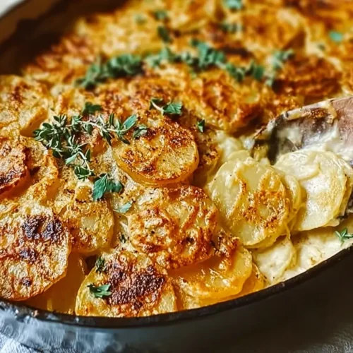 A serving of easy vegan scalloped potatoes in a rustic bowl.