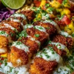 Delicious Crispy Fish Taco Bowls presented with a creamy sauce and cilantro.