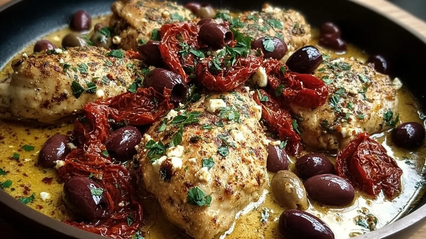 A vibrant one-pan meal featuring Greek chicken, Kalamata olives, and crumbled feta.