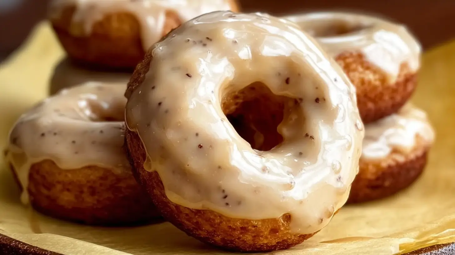 A close-up of delicious baked maple glazed donuts with a glistening glaze.
