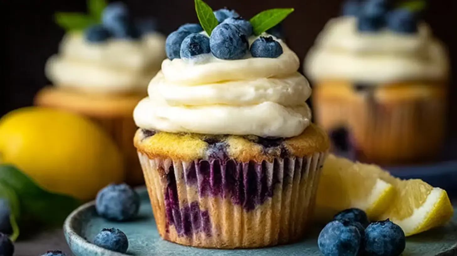 Lemon blueberry cupcakes showing off their golden-brown tops and vibrant blueberry specks.