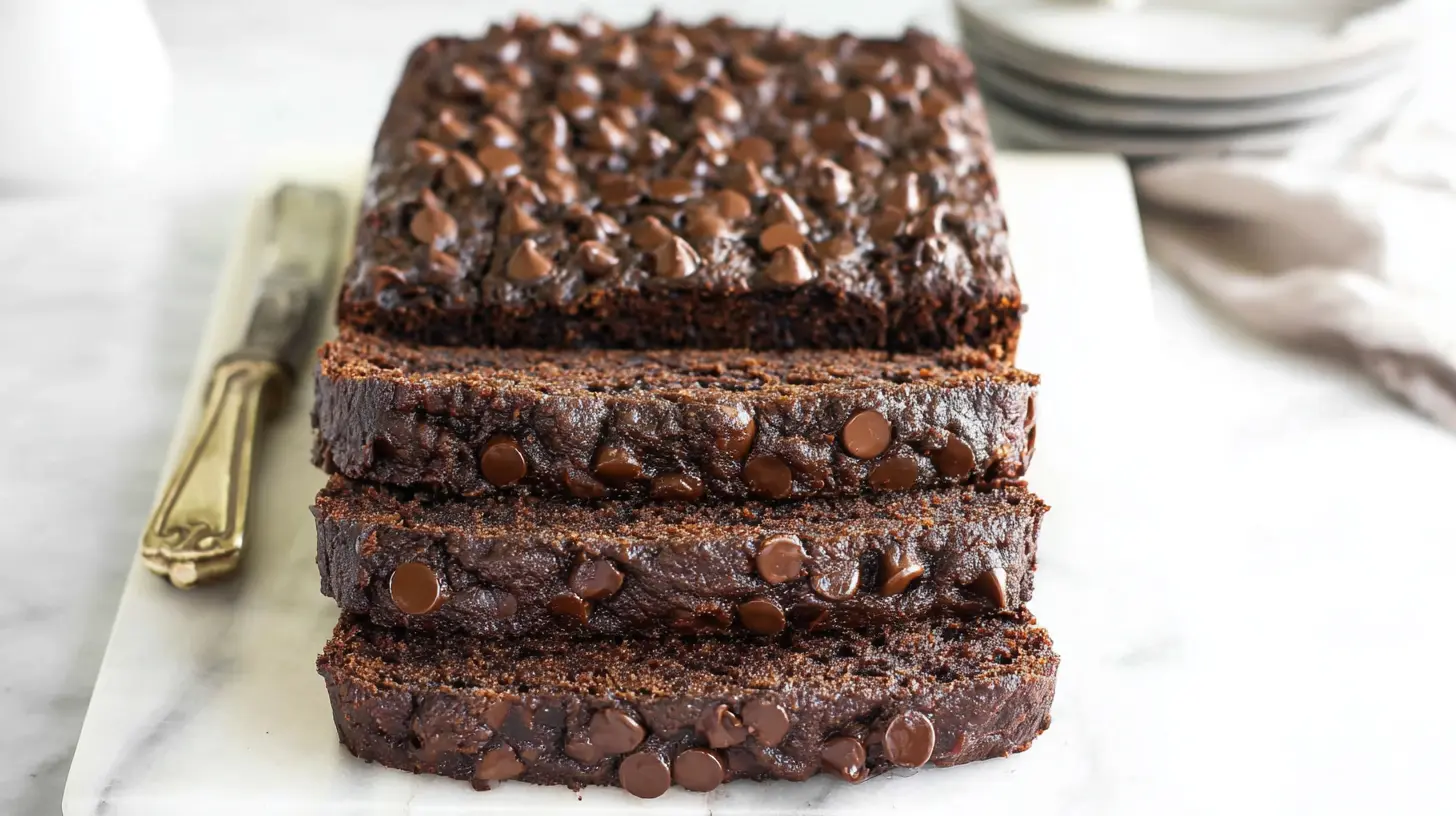 Full loaf of oil-free chocolate banana bread without oil, ready to serve.