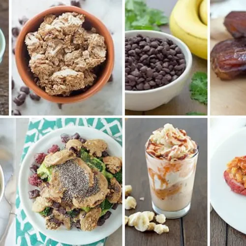 A vibrant healthy food menu display with a variety of nutritious dishes and snacks