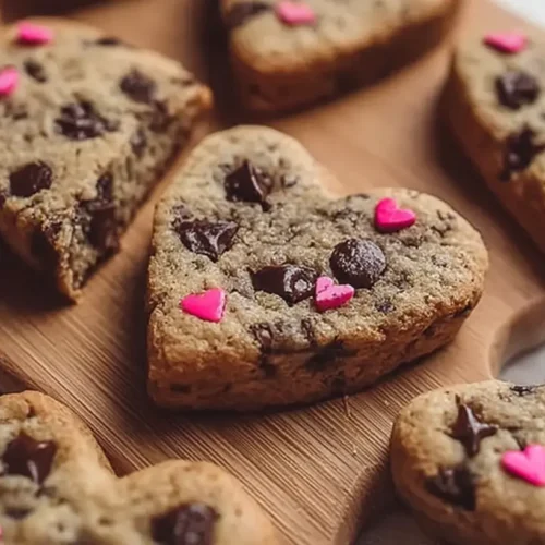 Delicious heart shaped chocolate chip cookies spread out