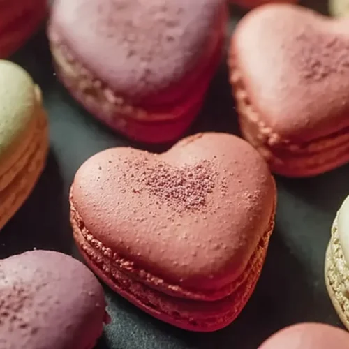 A collection of delicate heart-shaped macarons in various pastel colors