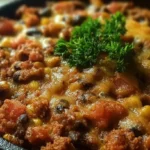 A rustic pan filled with a steaming Black-Eyed Pea Casserole, ready to be served.