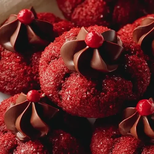A close-up of Hershey's Red Velvet Blossoms, showcasing their soft red color and iconic Hershey's Kiss center.