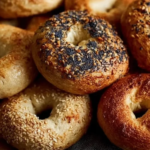A stack of artisanal homemade bagels, golden brown and perfectly baked.