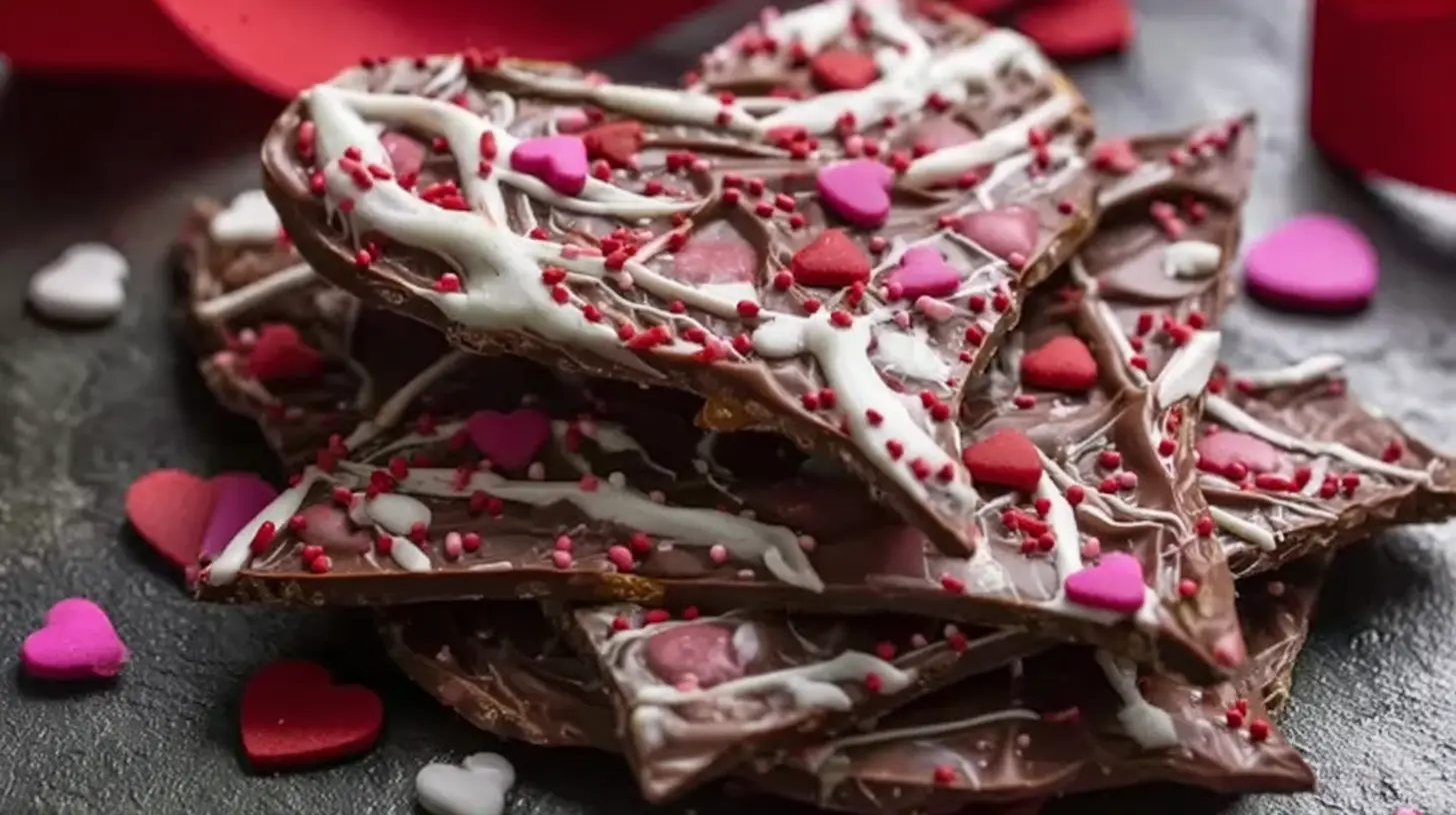 A delightful Valentine's Day themed chocolate bark with pink and red decorations
