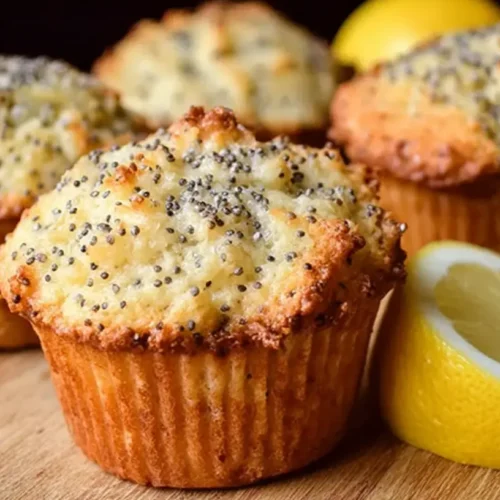 Close-up of a freshly baked lemon poppy seed muffin with a golden top