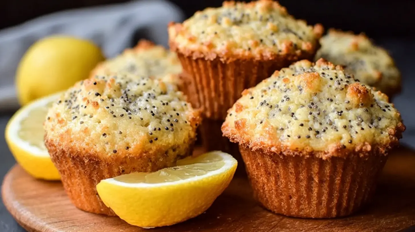 A stack of fluffy lemon poppy seed muffins on a cooling rack