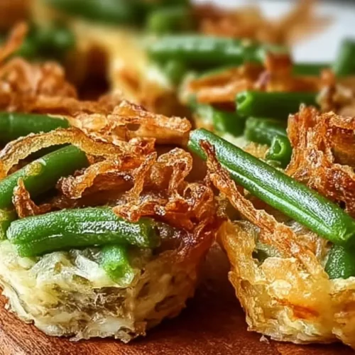Close-up of mini green bean casserole bites on a serving platter