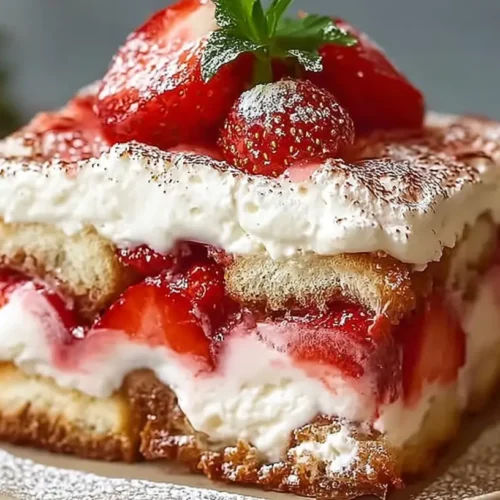 A vibrant No-Bake Strawberry Tiramisu dessert layer with fresh strawberries.