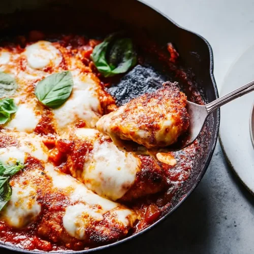 A saucy one-pan chicken parmesan skillet with melted cheese and fresh herbs