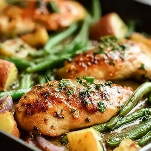 A one-pan honey mustard chicken and green beans dinner baking in the oven.