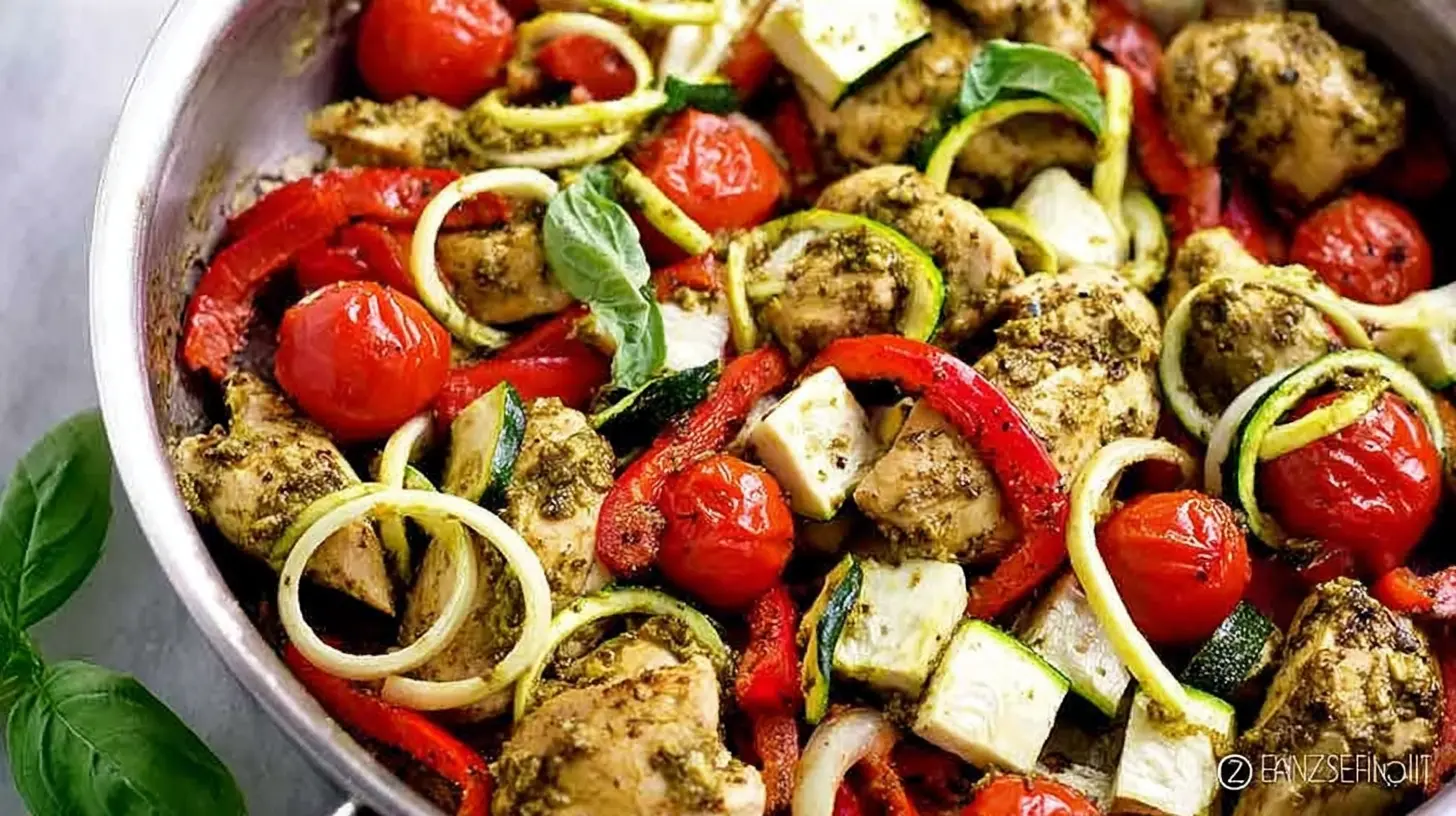 Pesto-coated chicken thighs with vibrant zucchini and red peppers cooked on one pan