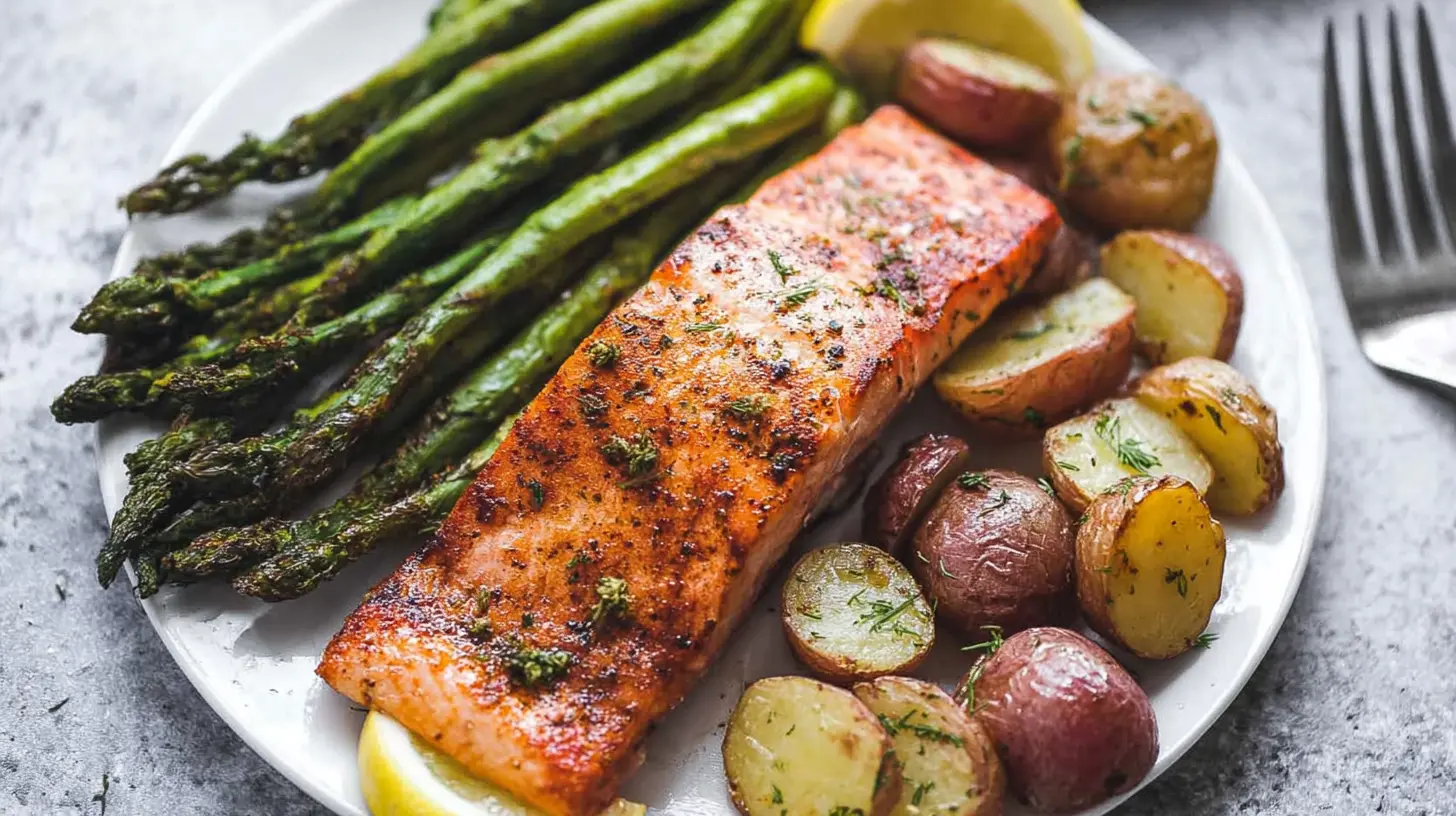 A baking sheet with salmon fillets, green asparagus, and golden potatoes.