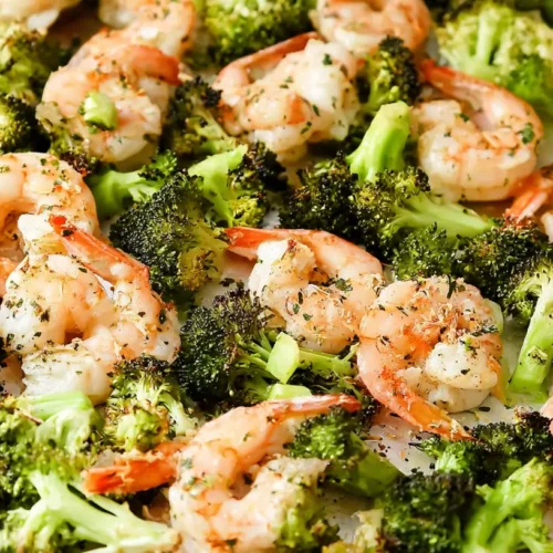 Sheet pan with garlic butter shrimp and broccoli for a quick dinner