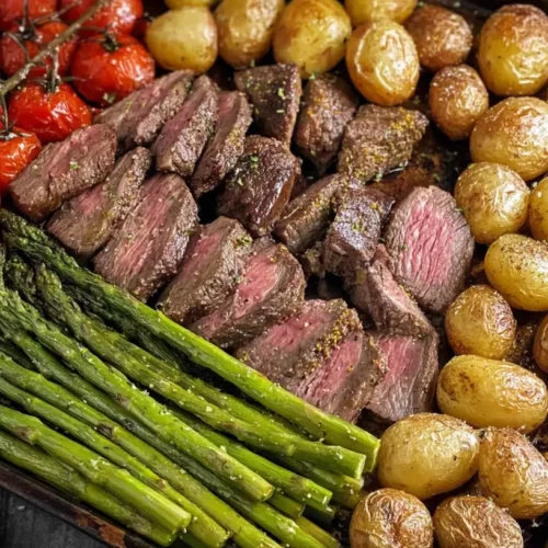 Sheet pan steak bites and asparagus roasted to perfection