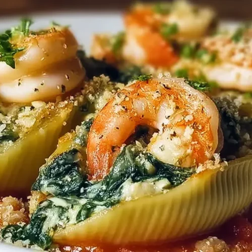 Close-up of shrimp spinach stuffed pasta rolls on a plate