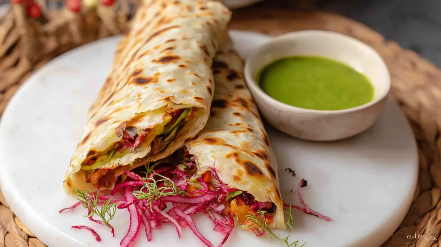 Deliciously simple egg and paratha wrap, folded neatly.
