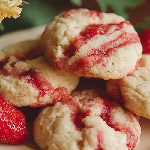 A close-up of a strawberry cheesecake cookie with a creamy filling and fresh strawberry pieces.