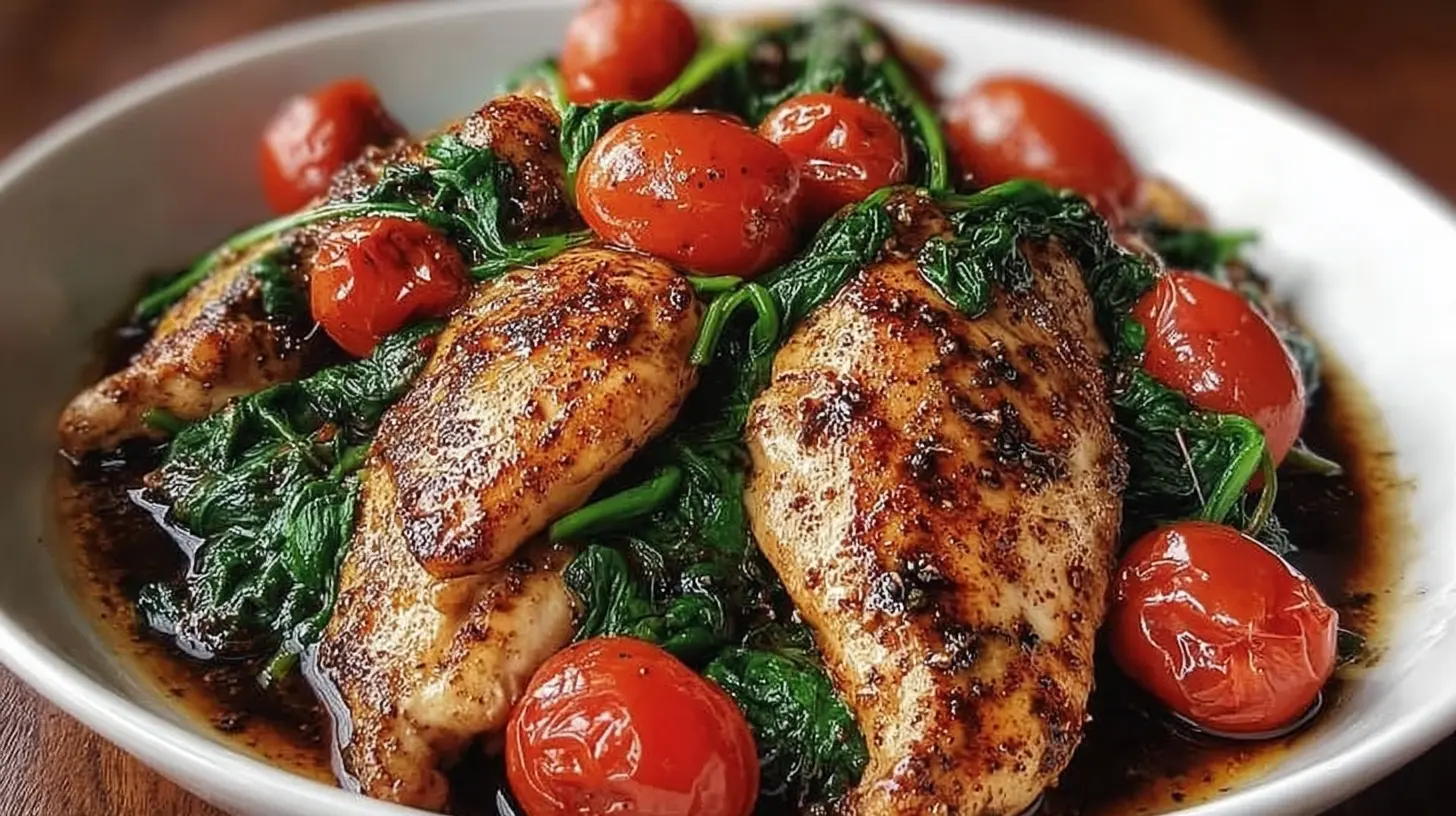 One-pan balsamic garlic chicken with tomatoes and spinach in a rich, tangy sauce