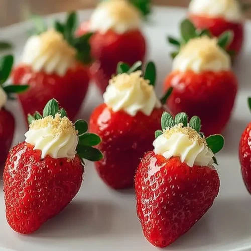 A plate of delicious deviled strawberries, beautifully garnished