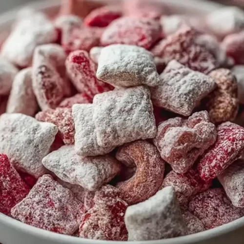 A close-up of Valentine's Day Muddy Buddies with red, pink, and white elements
