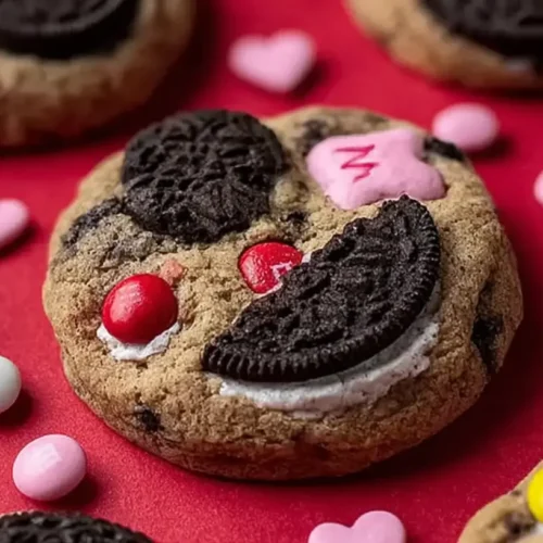 A plate of Valentine’s Day Oreo M&M’s cookies, sprinkled with festive candies