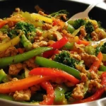 Close-up of colorful Healthy Turkey Vegetable Stir-Fry with broccoli and carrots