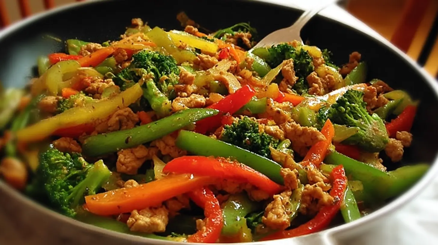 Close-up of colorful Healthy Turkey Vegetable Stir-Fry with broccoli and carrots