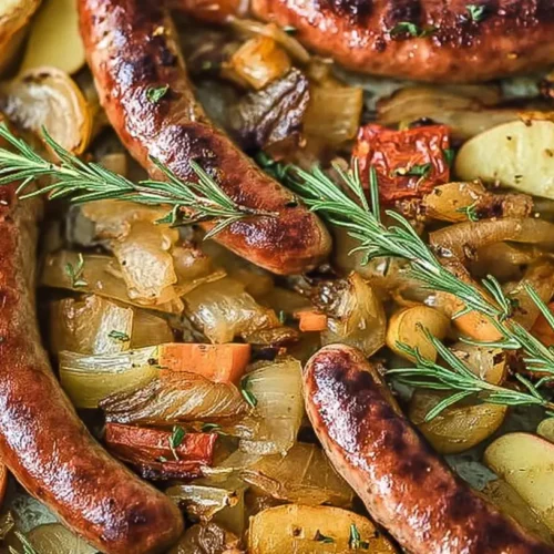 A rustic autumn sausage and apple dinner served in a skillet with herbs.